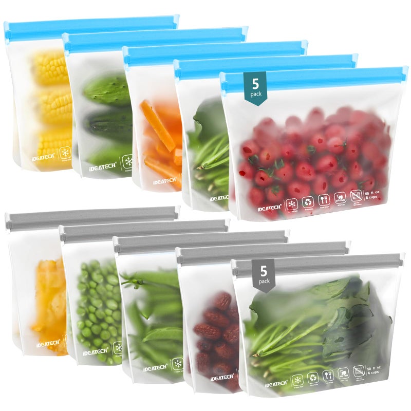 IDEATECH Quart Freezer Bags, BPA Free PEVA Reusable Sandwich Snack Bags, Quart Size Food Baggies Containers for Travel, Lunch, Healthy Food (10Pack-10Quart, Colored) - Image 1